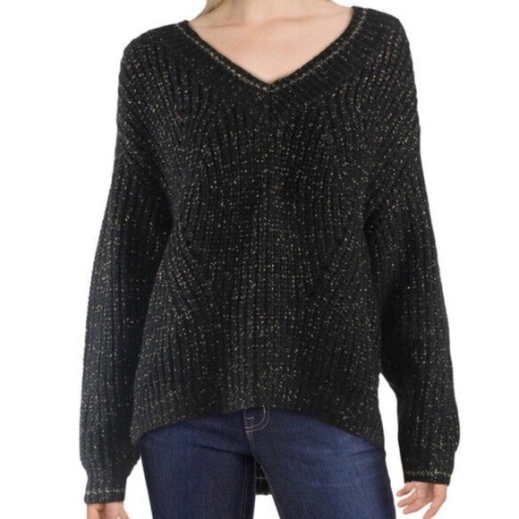 John + Jenn Black and Gold Metallic V-Neck Sweater - Picture 2 of 12